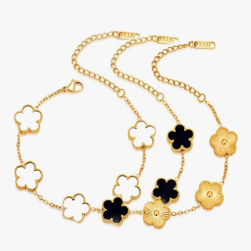 18K Gold Dainty Four Leaf Clover Charm Bracelet Van Cleef Style Set 3PC Alhambra